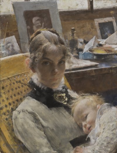 Idilio de estudio. La esposa del artista y su hija de Carl Larsson