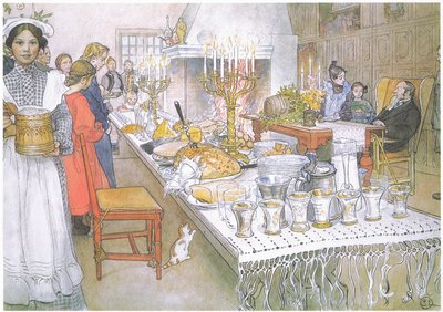 En Nochebuena, la enorme y larga mesa del gran salón está absolutamente cubierta con la comida (litografía en color) de Carl Larsson