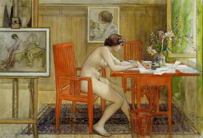 La modelo escribiendo una postal de Carl Larsson