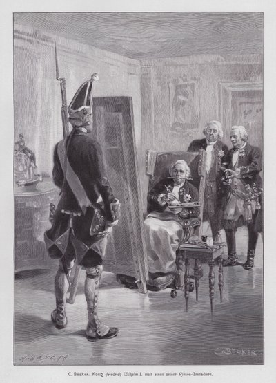 El rey Federico Guillermo I de Prusia pintando a un granadero de su Guardia Gigante de Potsdam (grabado) de Carl Ludwig Friedrich (after) Becker