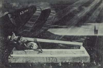 Un tanque aliado victorioso de la Primera Guerra Mundial pasa junto a la tumba de un soldado de caballería francés de la Guerra Franco-Prusiana. (litografía) de Carl Ludwig Friedrich Becker