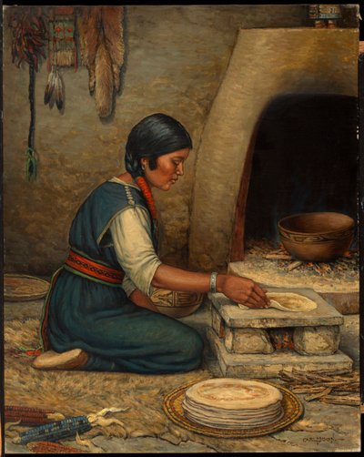 Mujer hopi haciendo piki de Carl Moon