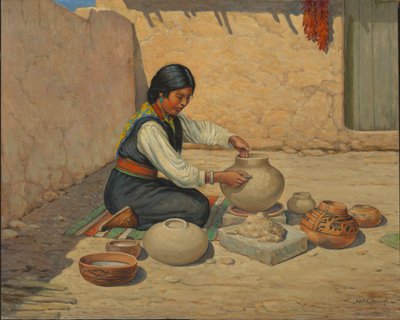 Mujer Hopi haciendo cerámica de Carl Moon