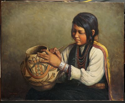 Alfarero de Isleta, Pueblo de Isleta, Nuevo México (óleo sobre lienzo) de Carl Moon