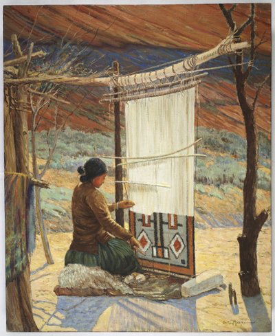 Navaho Weaver, Canyon de Chelly, Navaho Reserve (óleo sobre lienzo montado en panel) de Carl Moon