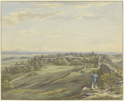 Patio del castillo en ruinas de Falkenstein con vista a la llanura del Meno, el Odenwald y las colinas del Rin de Carl Morgenstern