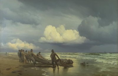 Pescadores tirando de la red en la playa norte de Skagen de Carl Neumann