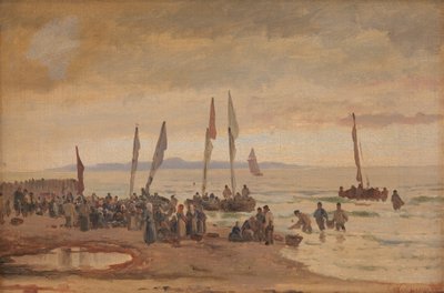 Pescadores regresando recibidos en la playa de Hornbæk de Carl Neumann