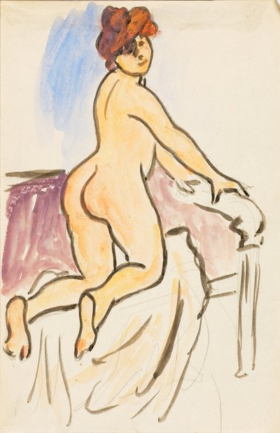 Mujer desnuda descansando de rodillas en la cama de Carl Newman
