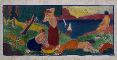 Mujeres en paisaje con borde azul de Carl Newman