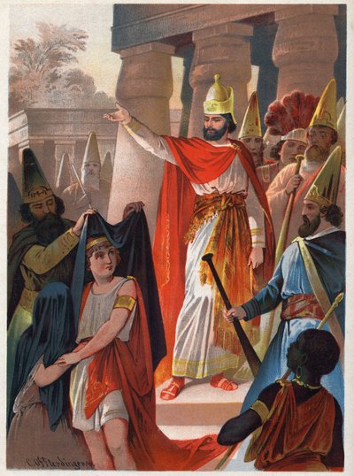 Por orden de Sarastro, un sacerdote extiende grandes velas negras sobre el Príncipe Tamino y la Princesa Pamina. Ilustración de Carl Offterdinger en 