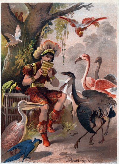 Papageno con una flauta de pan trae los pájaros del bosque. Ilustración de Carl Offterdinger (1829-1889) en “La flauta mágica” (Die Zauberflöte, flauto magico, The Magic Flute). Colección privada de Carl Offterdinger