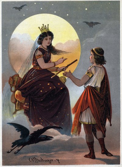 El príncipe Tamino frente a la encantadora Reina de la Noche y ofrece a su hija en matrimonio si logra sacarla de las manos del cruel Sarastro. Ilustración de Carl Offterdinger en 