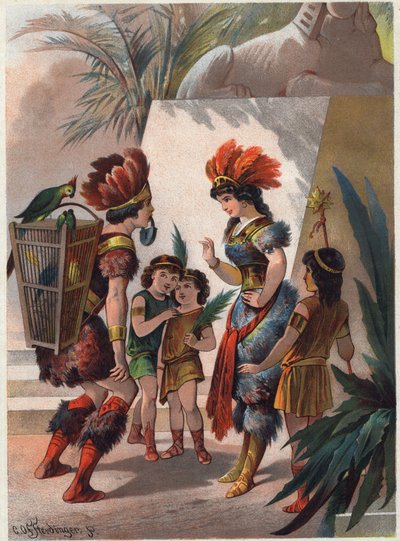 El cazador negro cierra la boca de Papageno con un candado para castigarlo por mentir y venderse por matar a la serpiente frente a la reina. Ilustración de Carl Offterdinger (1829-1889) en 