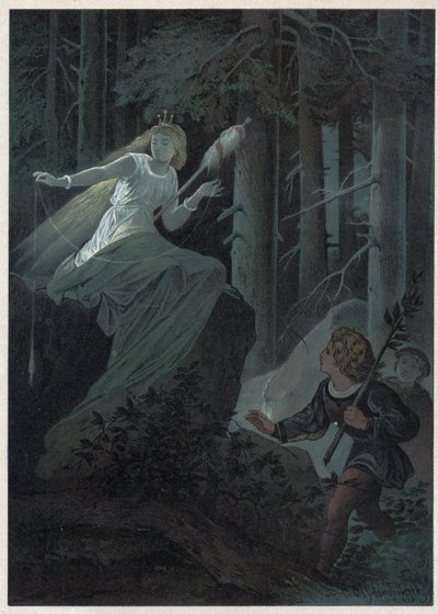 El hada huyendo con un huso dorado cantaba el destino de un botón dorado. Ilustración de Carl Offterdinger (1829-1889) en “Bouton d