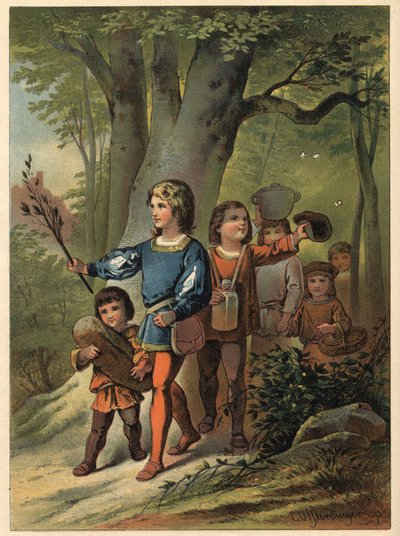Los seis niños van al bosque a buscar a su padre con Bouton d