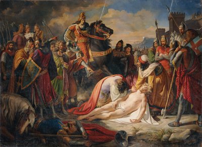 Carlos I de Anjou sobre el cuerpo de Manfredo después de la Batalla de Benevento el 26 de febrero de 1266, 1838 de Carl Rahl