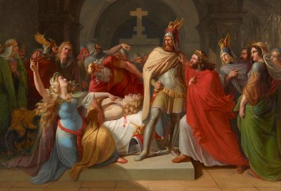 Kriemhild en el cuerpo de Siegfried declara a Hagen como su asesino y jura venganza, 1835 de Carl Rahl