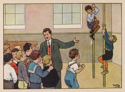 Chicos escalando postes en el gimnasio (litografía en color) de Carl Robert Arthur Thiele