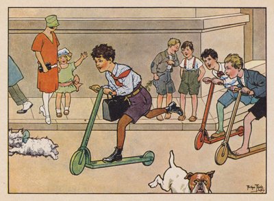Niños corriendo en patinete (litografía en color) de Carl Robert Arthur Thiele