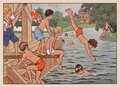 Natación y salto de trampolín masculino (litografía en color) de Carl Robert Arthur Thiele