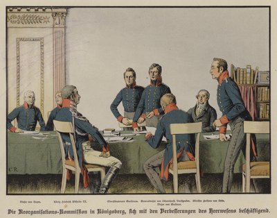 El rey Federico Guillermo III asistiendo a una reunión de la Comisión de Reorganización Militar Prusiana en Königsberg de Carl Röchling