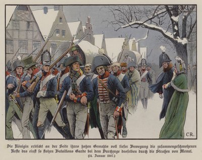 El resto del ejército prusiano desfilando ante el Rey Federico Guillermo III y la Reina Luisa por las calles de Memel de Carl Röchling