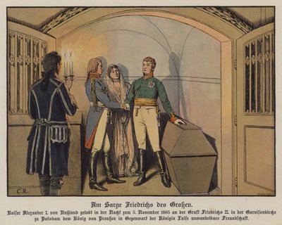 El zar Alejandro I de Rusia visitando la tumba de Federico el Grande en Potsdam con el rey Federico Guillermo III y la reina Luisa de Prusia y jurando su amistad inquebrantable, 5 de noviembre de 1805 de Carl Röchling