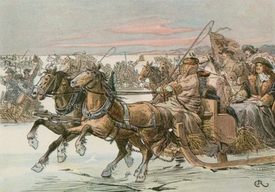 Federico Guillermo, el Gran Elector (1620-1688), cruzando la Laguna de Curlandia en trineo en una expedición contra los suecos en 1678 de Carl Rohling
