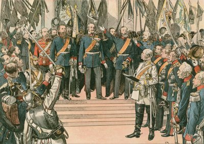 Guillermo I, Rey de Prusia y primer Emperador Alemán (1797-1888), es reconocido como el Kaiser del recién unido Imperio Alemán en el Tratado de Versalles en 1871 de Carl Rohling