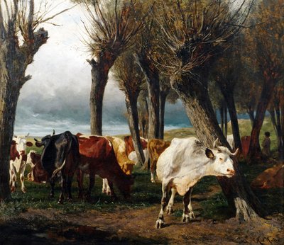 Alemán: Rebaño de ganado bajo sauces desmochados. de Carl Rudolf Huber
