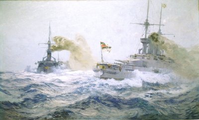 Maniobras de la flota alemana en alta mar, c.1900 (óleo sobre lienzo) de Carl Saltzmann