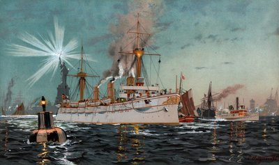 La emperatriz Augusta saliendo de Nueva York, cromolitografía de C. Saltzmann 95, nr13 de G. Wislicenus, Unsre Kriegsflotte. de Carl Saltzmann
