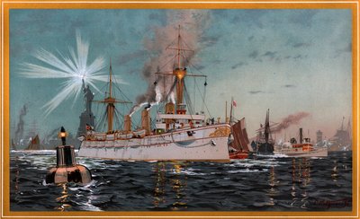 Emperatriz Augusta saliendo de Nueva York, cromolitografía de C. Saltzmann 95, nr13 de G. Wislicenus, Unsre Kriegsflotte de Carl Saltzmann