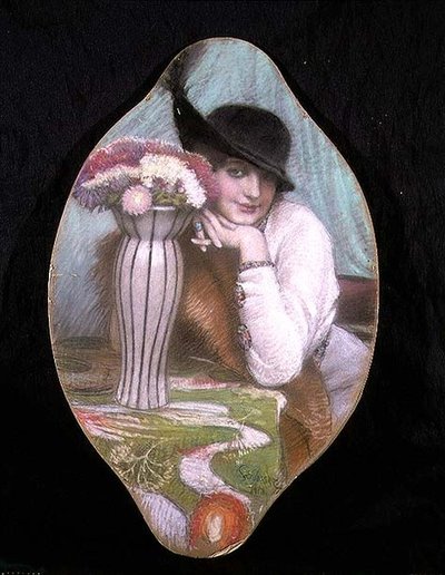 Retrato de una niña junto a un jarrón de flores de Carl Schlosser