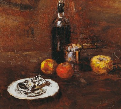 Bodegón con tres manzanas y queso en papel de aluminio de Carl Schuch