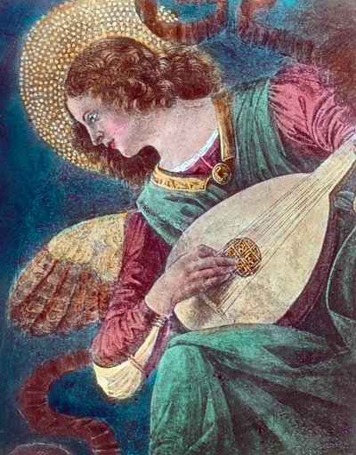 Ángel músico. Parte de un fresco del pintor renacentista italiano Melozzo da Forli, también conocido como Michelozzo degli Ambrogi (1438 - 1494), pintado hacia 1480. Fecha de la imagen: hacia 1900. Archivo Carl Simon de Carl Simon