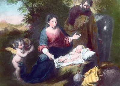 El Niño Jesús dormido con ángeles, María y José. Pintura (sin fecha) del pintor barroco español Bartolomé Esteban Murillo (1617 - 1682). Fecha de la imagen: hacia 1900. Archivo Carl Simon de Carl Simon