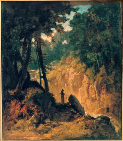 Paisaje boscoso con cascada, en la orilla con capuchinos de Carl Spitzweg