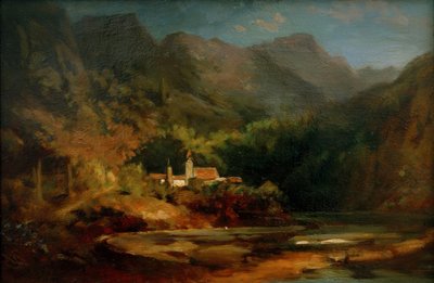 Pueblo junto a un lago en un valle montañoso de Carl Spitzweg