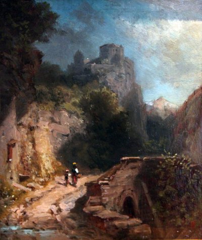 Paisaje montañoso con puente y castillo de Carl Spitzweg