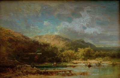 Cabaña junto al lago con figuras de Carl Spitzweg