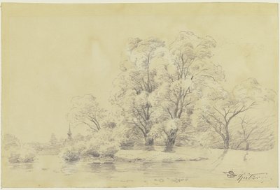 Paisaje con árboles junto al agua, a lo lejos la torre de una iglesia de pueblo de Carl Spitzweg