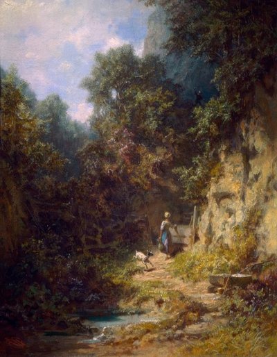 Niña con cabra, saludada por un cazador de Carl Spitzweg