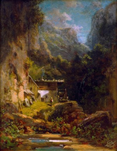 Molino en un desfiladero del bosque con una figura de Carl Spitzweg