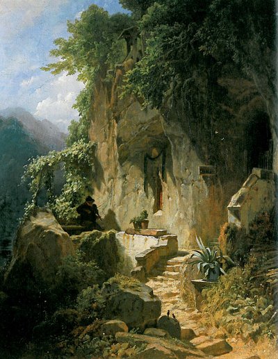 Ermitaño músico frente a su cueva rocosa de Carl Spitzweg