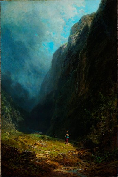 ""Paysage de haute vallee alpine"" Vue du mont Wendelstein Allemagne (Paisaje en el alto valle alpino con el monte Wendelstein) Pintura de Carl Spitzweg (1808-1885) Óleo sobre lienzo vers. 1871 Dim 88,5x59 cm Museo Kunstpalast, Düsseldorf de Carl Spitzweg
