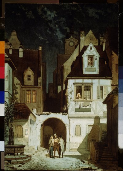 Un rincón de un pueblo alemán a la luz de la luna. Pintura de Carl Spitzweg (1808-1885). Acuarela sobre papel, 68,5 x 46,5 cm. Arte alemán del siglo XIX. Museo Pushkin de Bellas Artes, Moscú. de Carl Spitzweg
