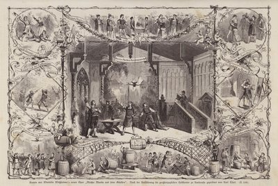 Escenas de la ópera del compositor alemán Wendelin Weissheimer Meister Martin und Seine Gesellen, representada en el Grossherzoglichen Hoftheater, Karlsruhe, Alemania (grabado) de Carl Thiel