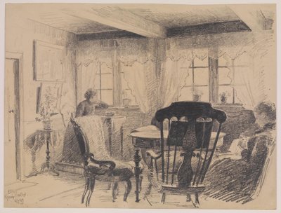 Hjarup prästegård. Sala con dos mujeres cosiendo de Carl Thomsen